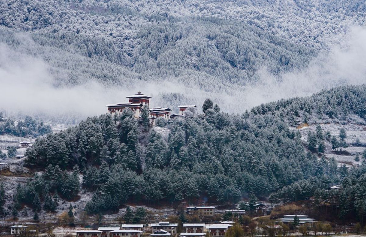 A central Bhutanese dzong under snow