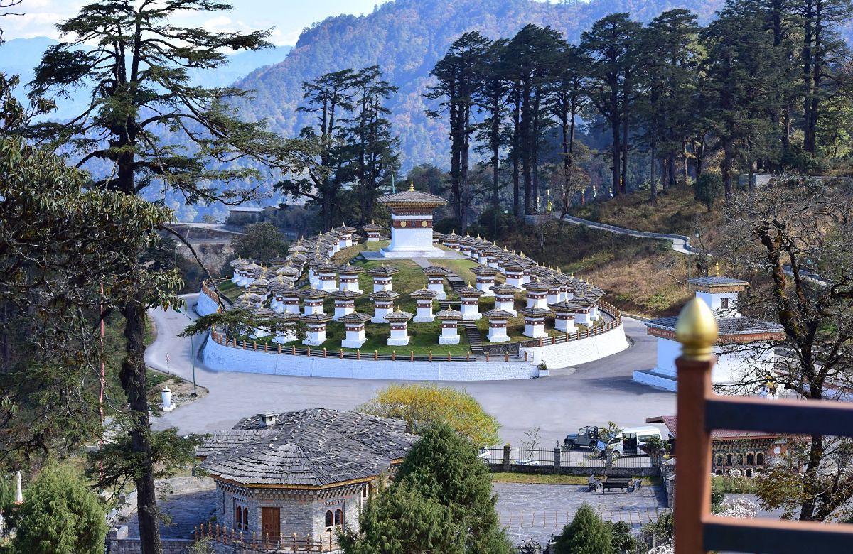 The Druk Wangyal chortens among pine forest at Dochu La