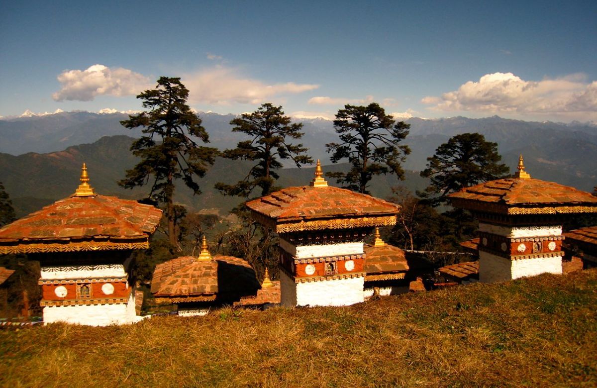 The chortens at Dochu La at sunset