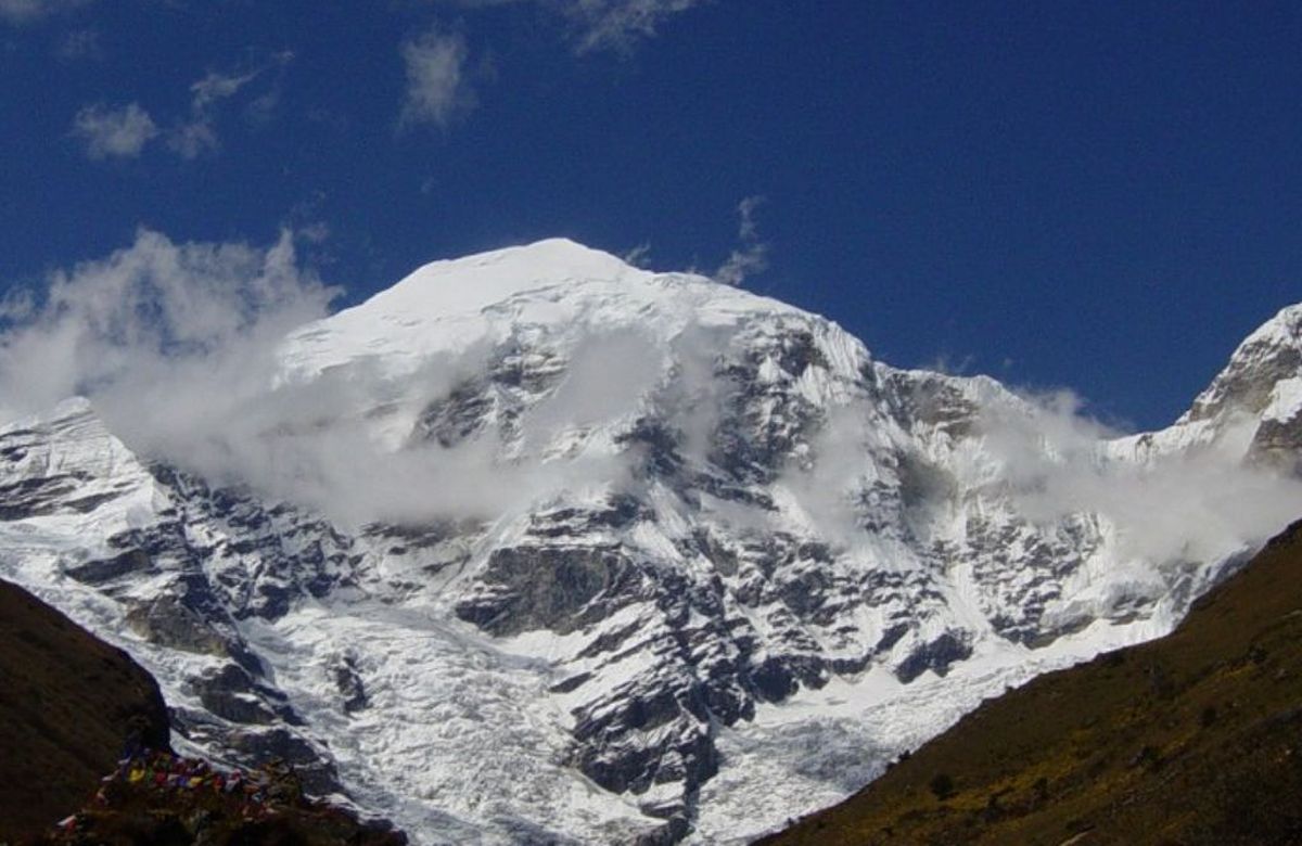 The snow massif of Jomolhari above the Paro Chhu valley