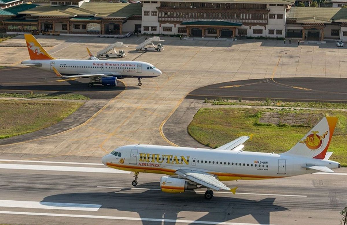 An aircraft on the apron at Paro International Airport
