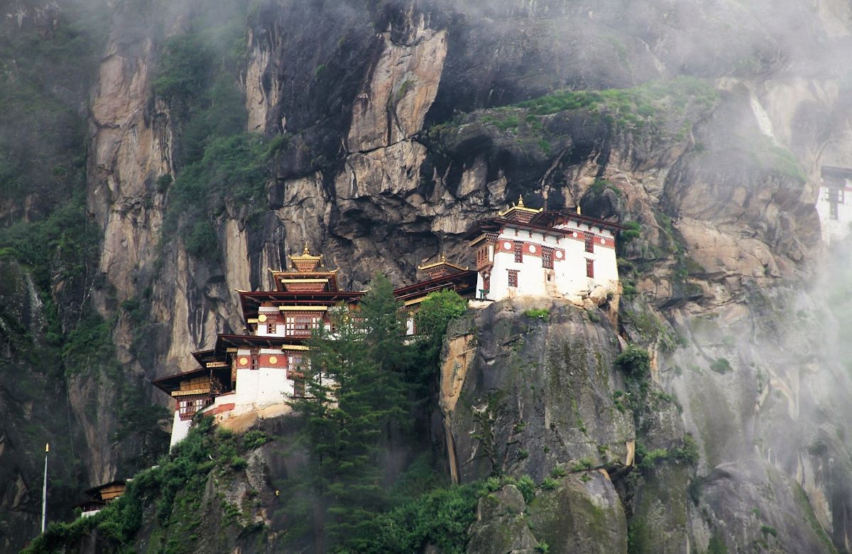 Paro Taktsang with mist crossing the cliff