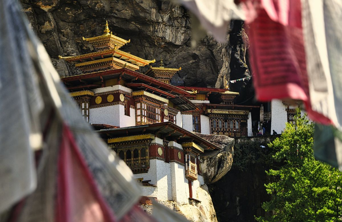 Paro Taktsang seen through prayer flags