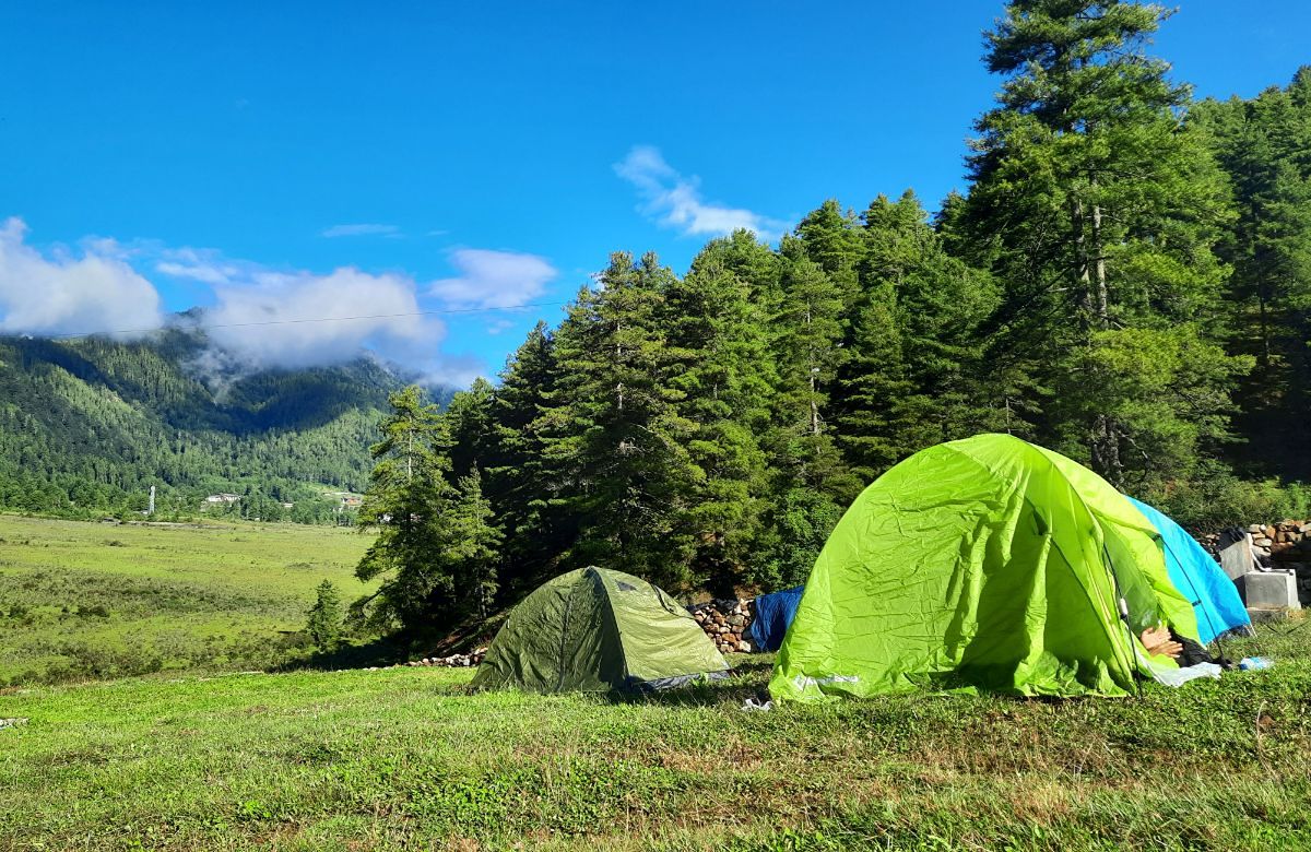 Trekking tents at a camp in the Bhutanese hills