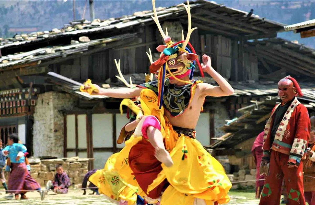 Villagers gathered at a festival in the Ura valley, Bumthang